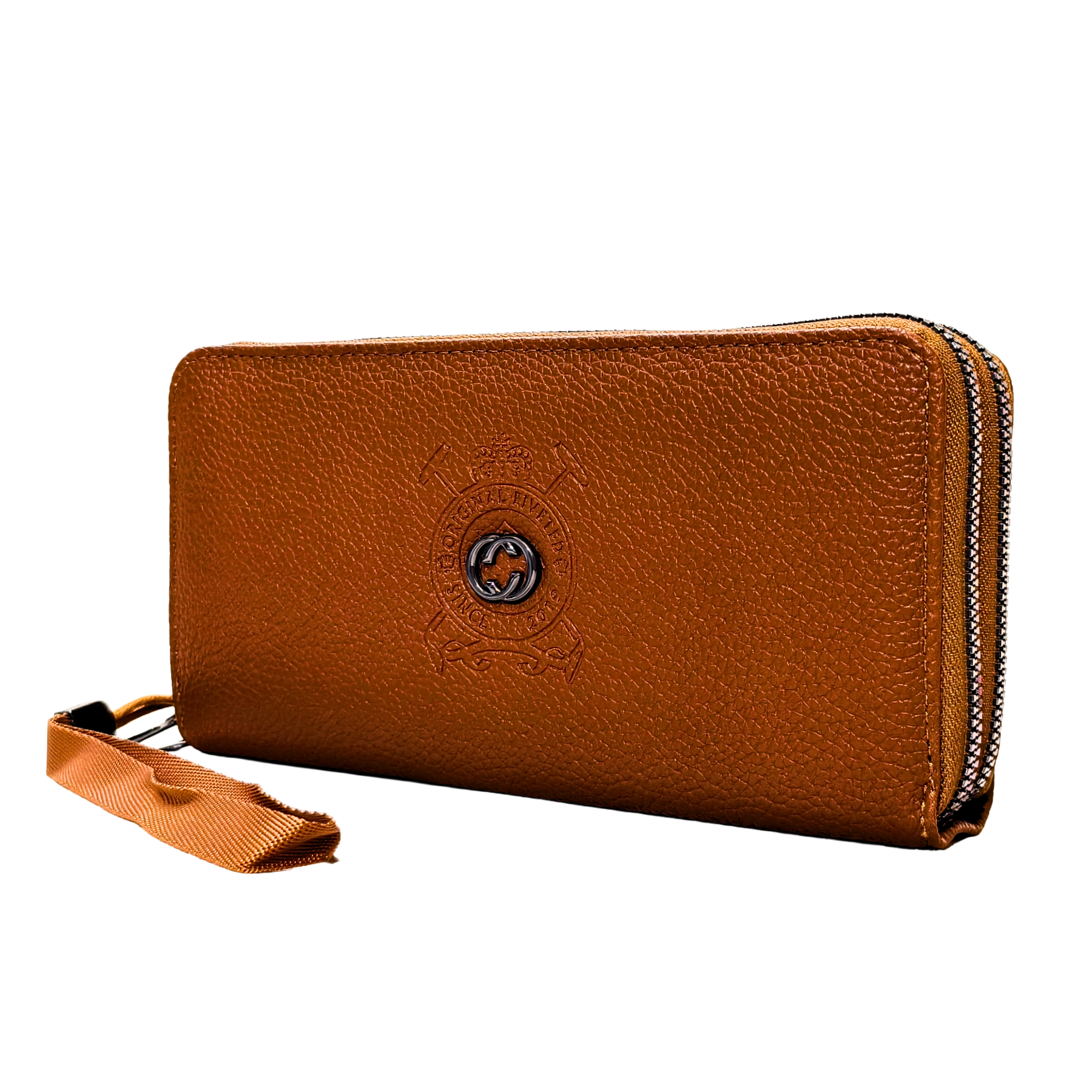 Luxury Brown Saffiano Vegan Leather Wallet for Women, 12 Card Slots, Dual-Zip Design with Detachable Wrist Strap