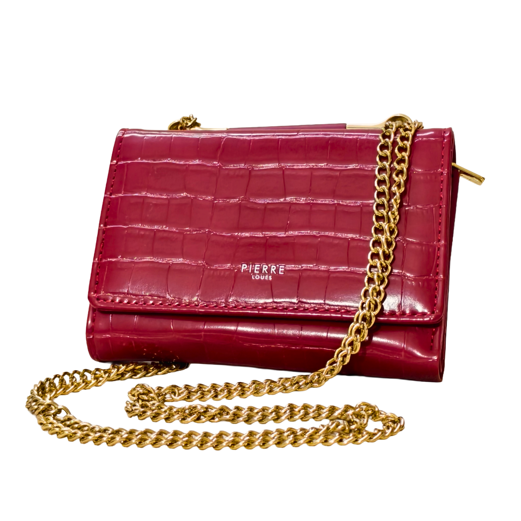 red wallet with a golden string in front a white background