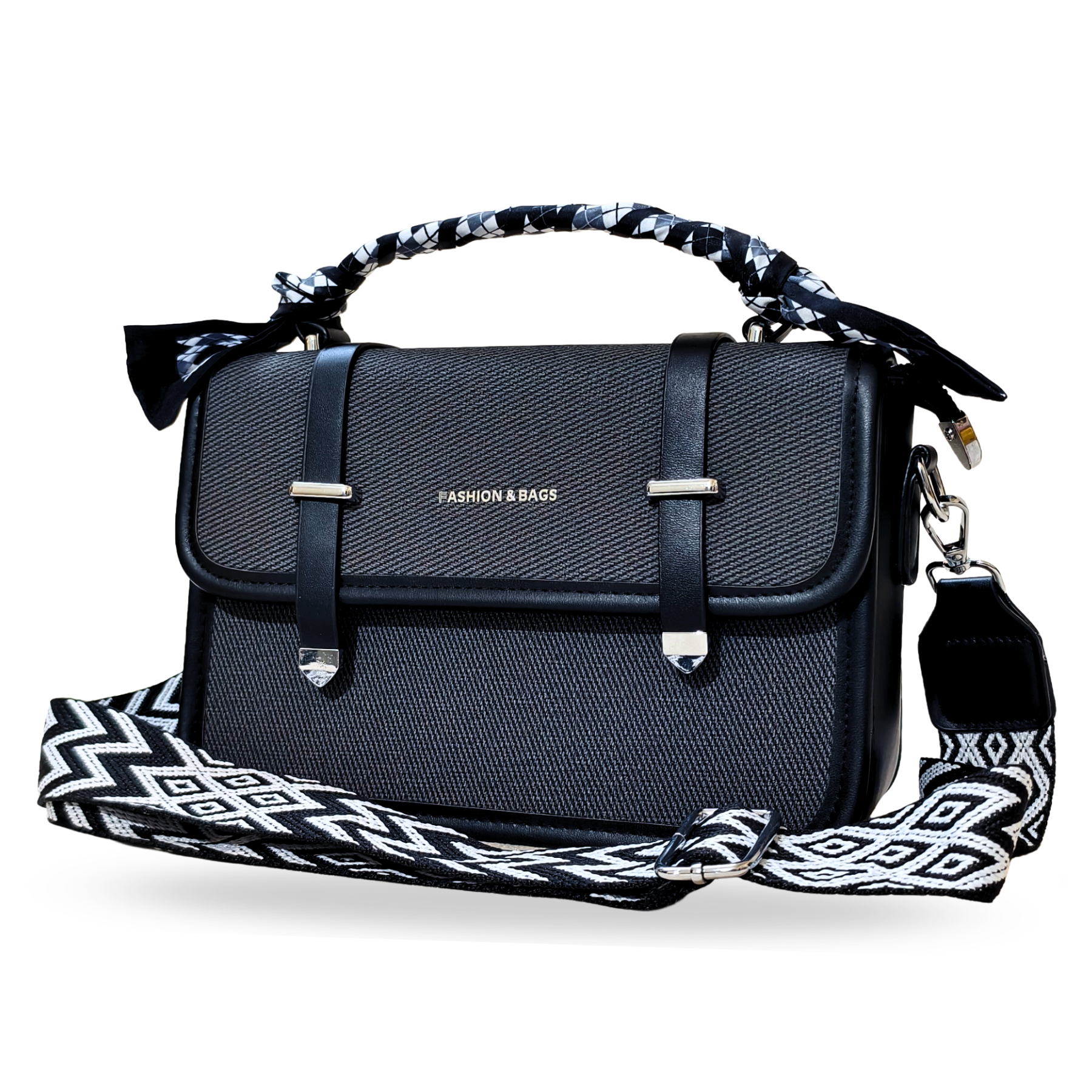 black sling bag with a patterned strap in front of aw white background