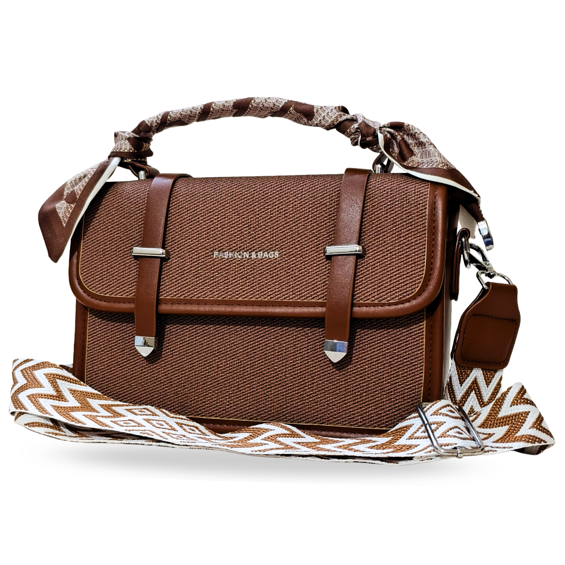Brown handbag with a patterned strap on a white background
