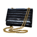 Black crocodile-patterned handbag with a gold chain on a white background