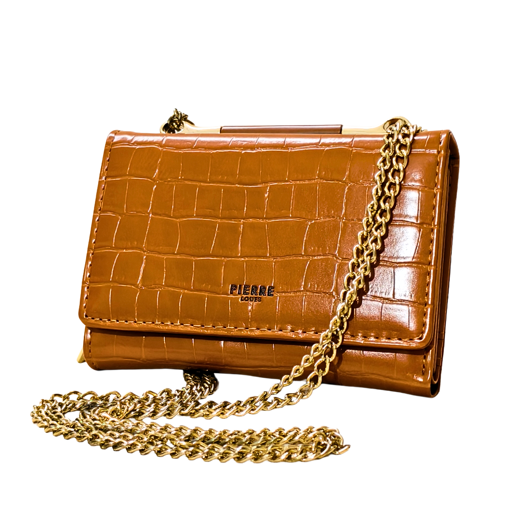 Brown crocodile-patterned handbag with a gold chain on a white background