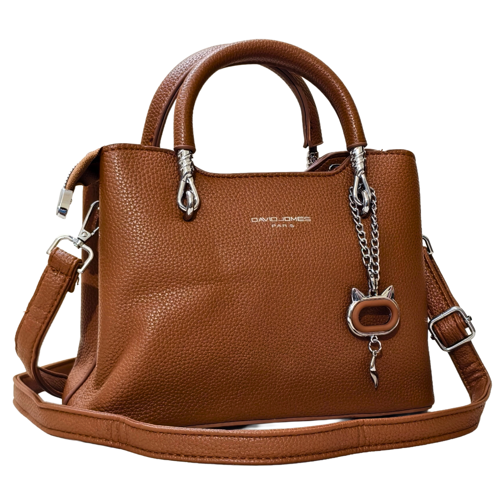 Brown leather handbag with chain detail on a white background