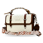 White & Brown sling bag with a strap attached to it in front of a white background.