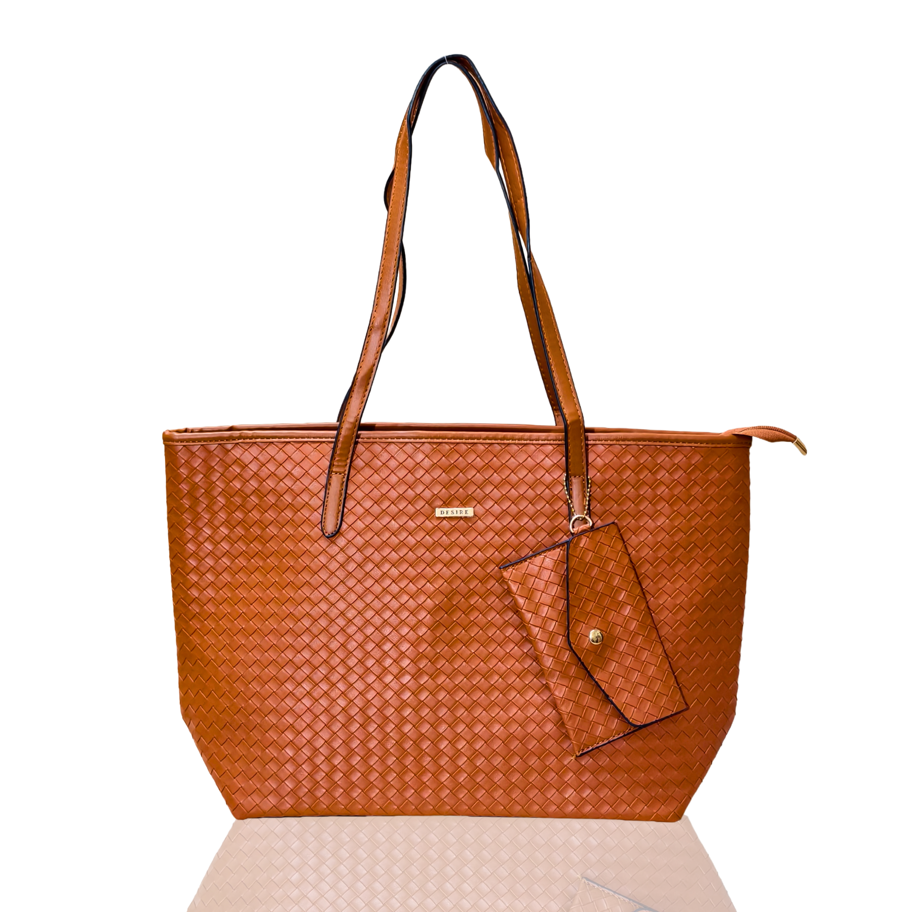 Brown woven handbag with a matching pouch on a white background