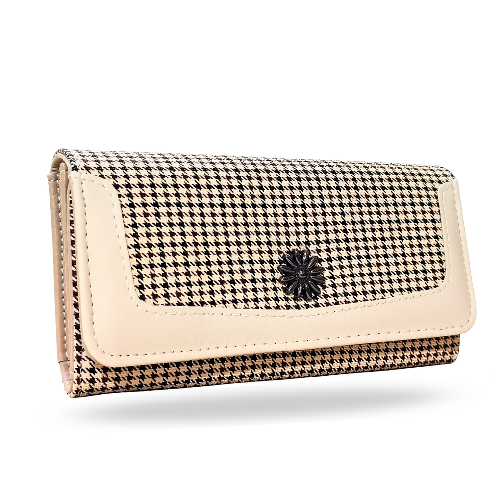 Houndstooth patterned wallet with beige border on a white background
