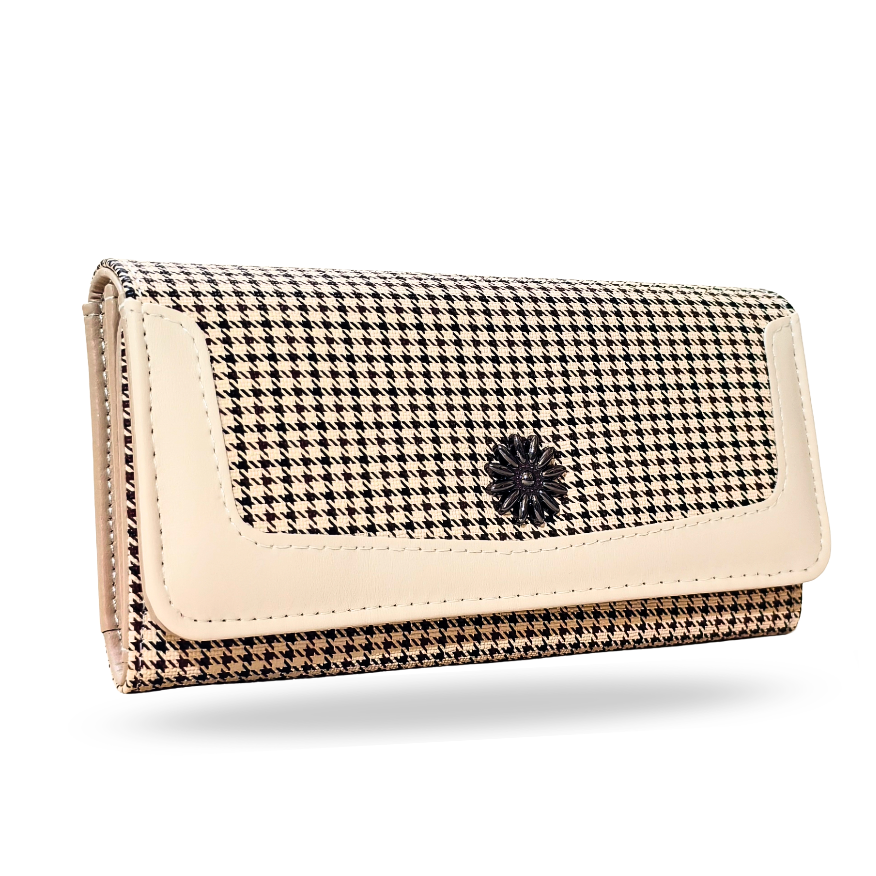 Houndstooth patterned wallet with beige border on a white background