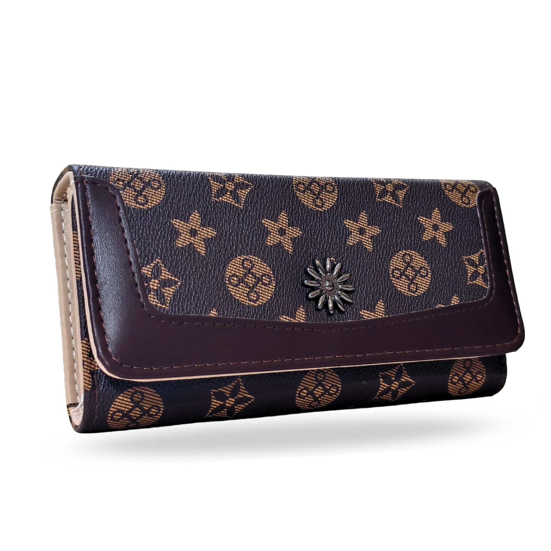 Designer wallet with patterned design on a white background