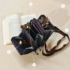 Black handbag with multiple compartments on a beige surface next to an open book