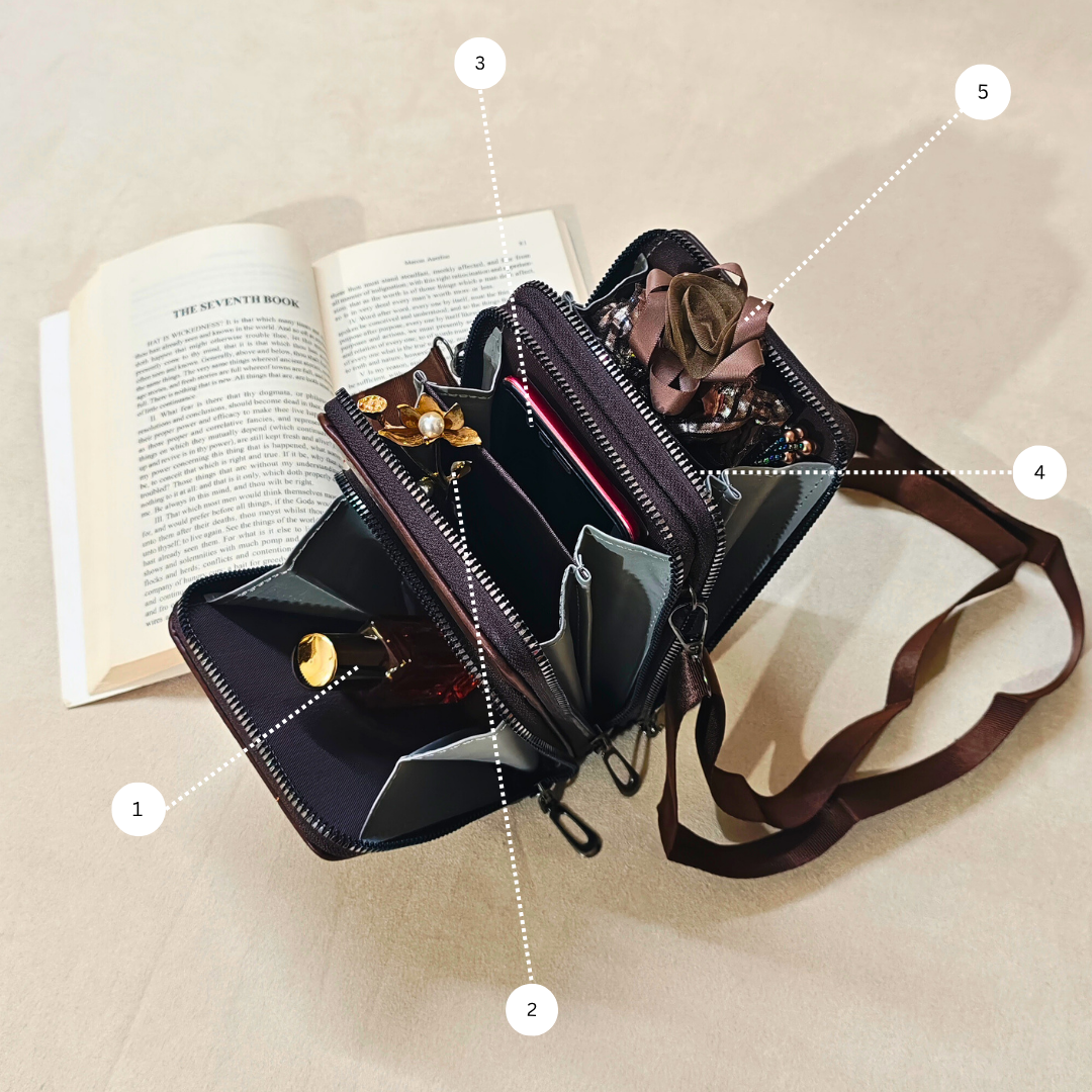 Black handbag with multiple compartments on a beige surface next to an open book