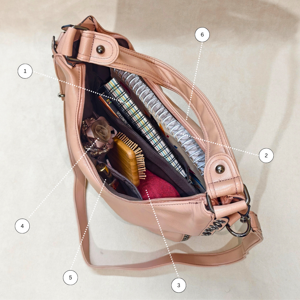 Rose gold crossbody bag with compartments and items on a beige background