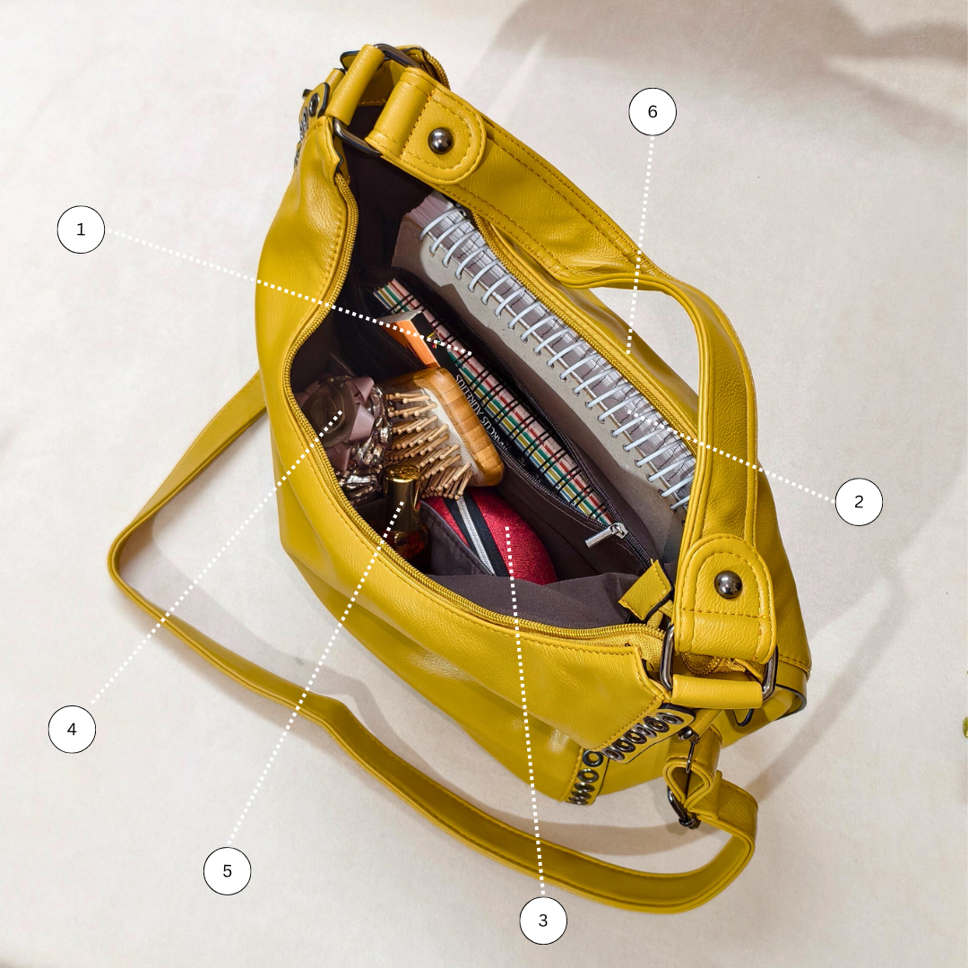 Yellow handbag with various items inside on a light background