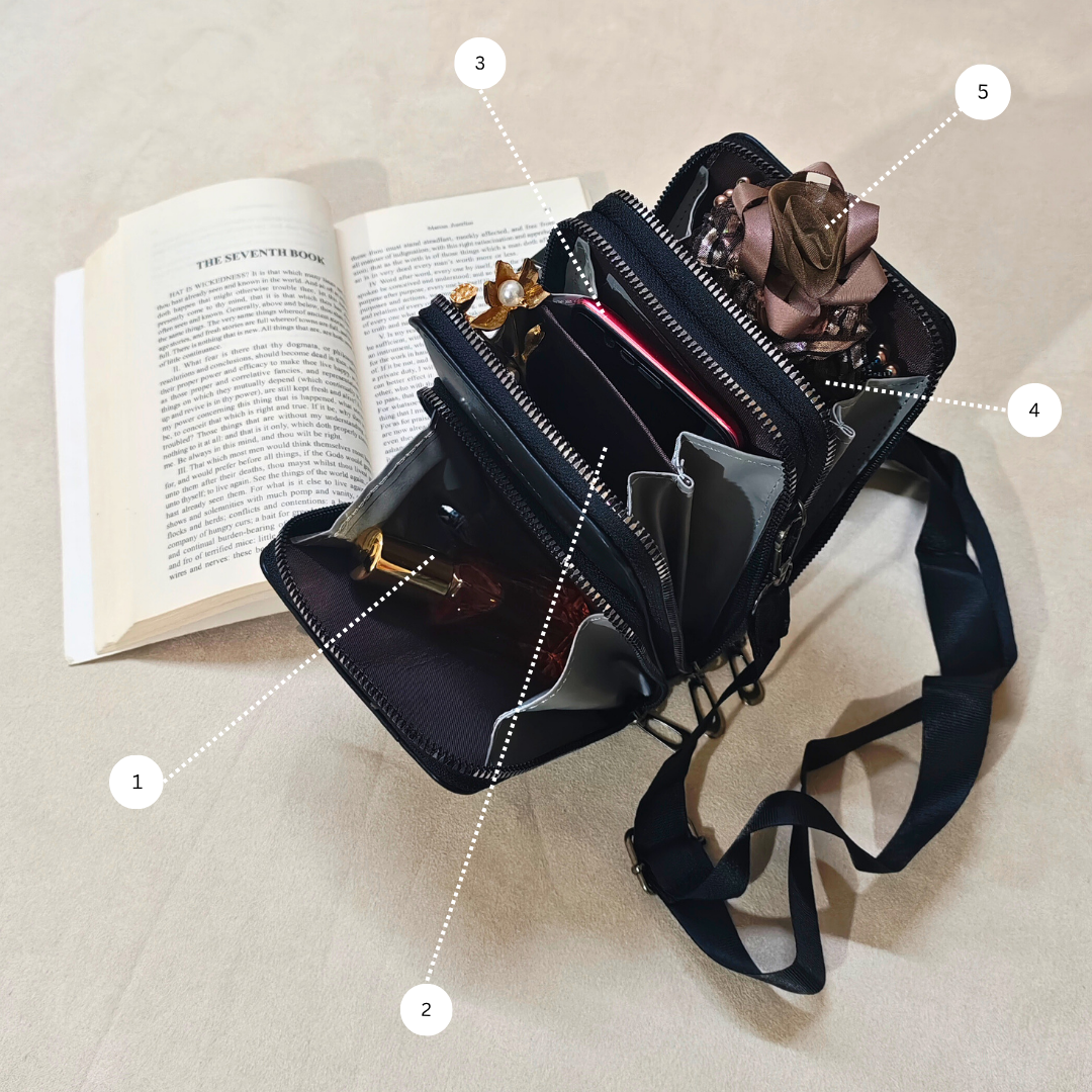 Black handbag with sunglasses and a book on a beige surface