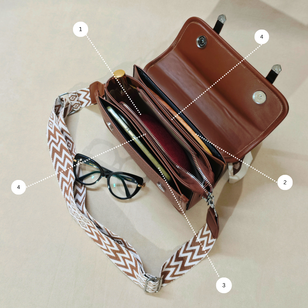 Brown Woven Canvas Crossbody Sling Bag With Adjustable Strap And Oak Brown Vegan Leather Trim For Women