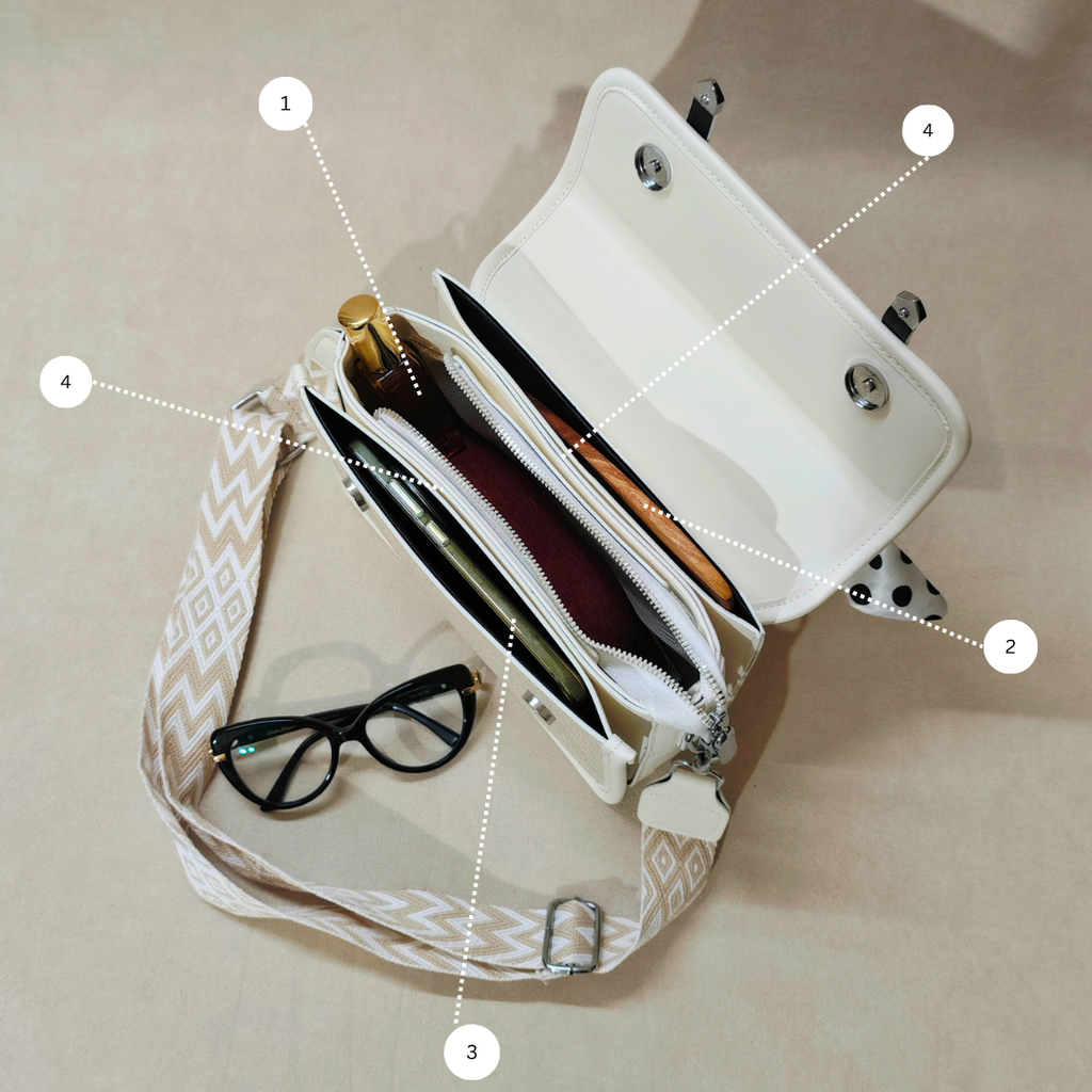 Off-White Woven Canvas Crossbody Sling Bag With Adjustable Strap And White Vegan Leather Trim For Women