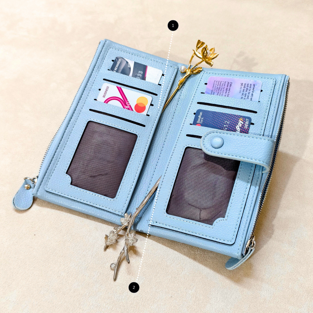 Blue wallet with card slots and compartments on a beige background