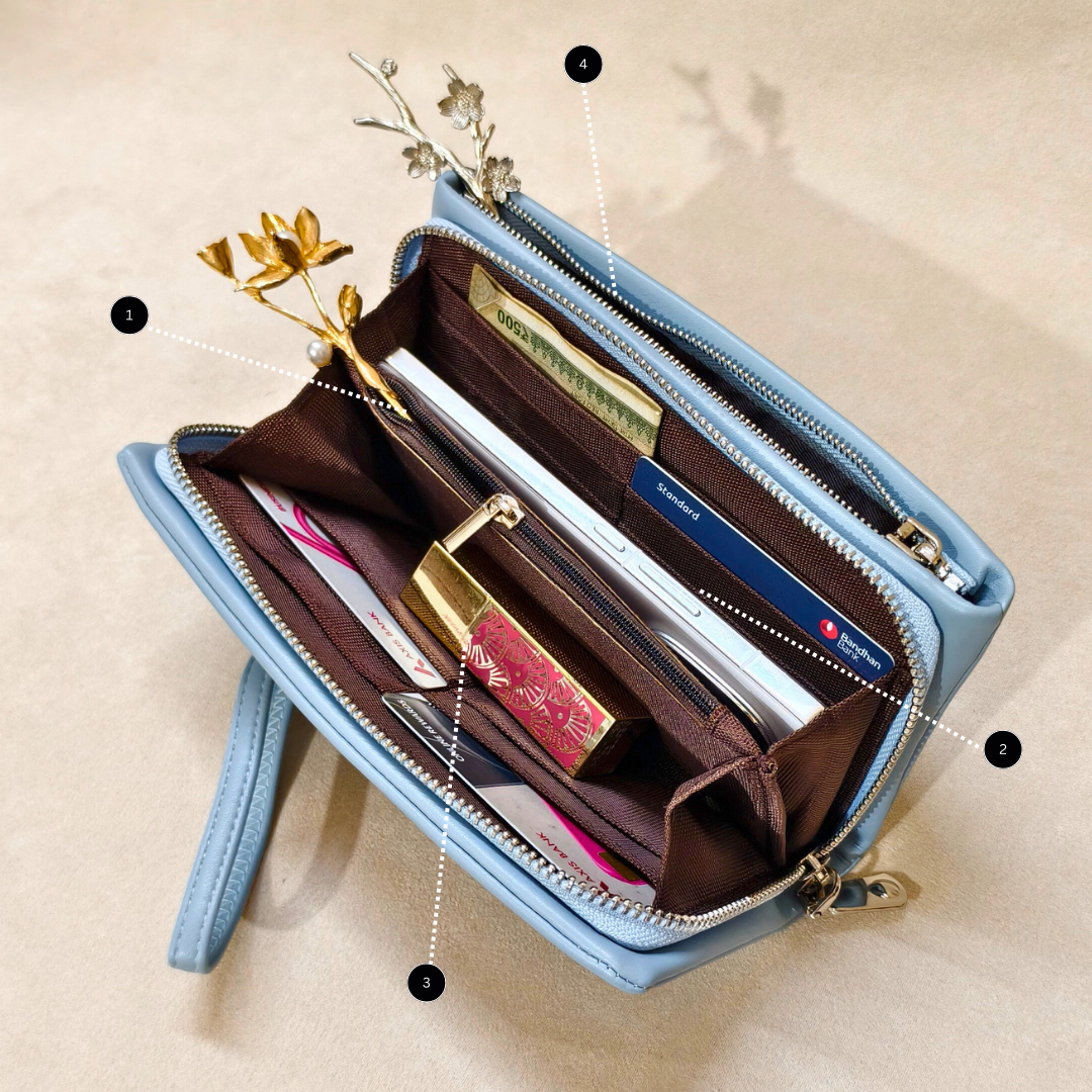 Open light blue wallet with organized compartments on a beige background