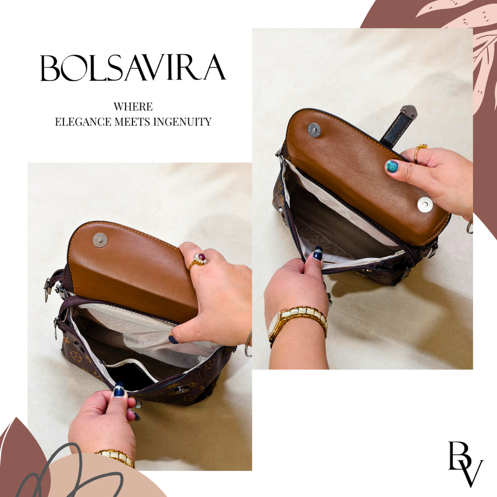 Brown leather bag with a hand interacting with it, featuring the brand 'Bolsavira'.
