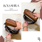 Brown leather bag with a hand interacting with it, featuring the brand 'Bolsavira'.