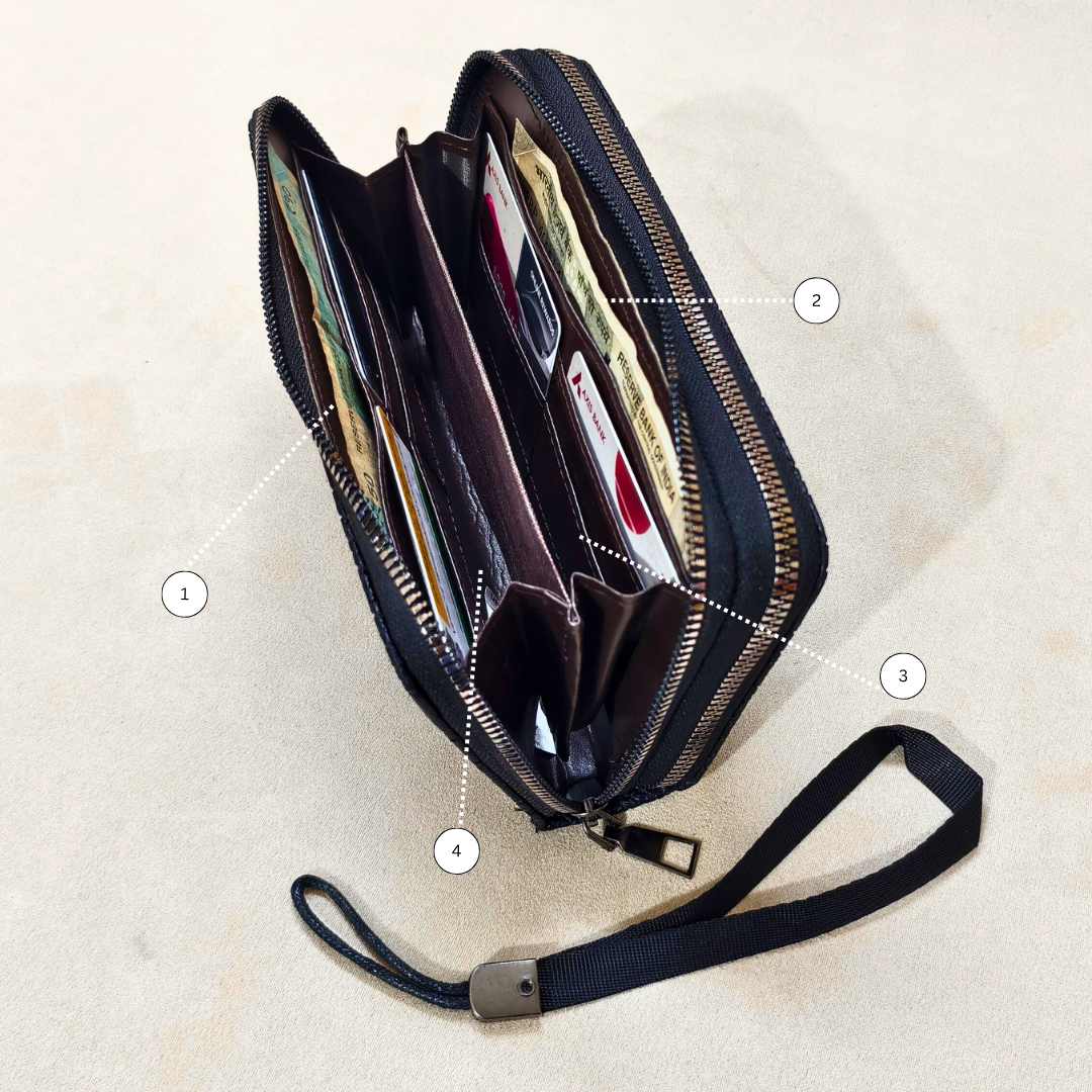 black wallet with an open zip showcasing its compartments with items inside it.