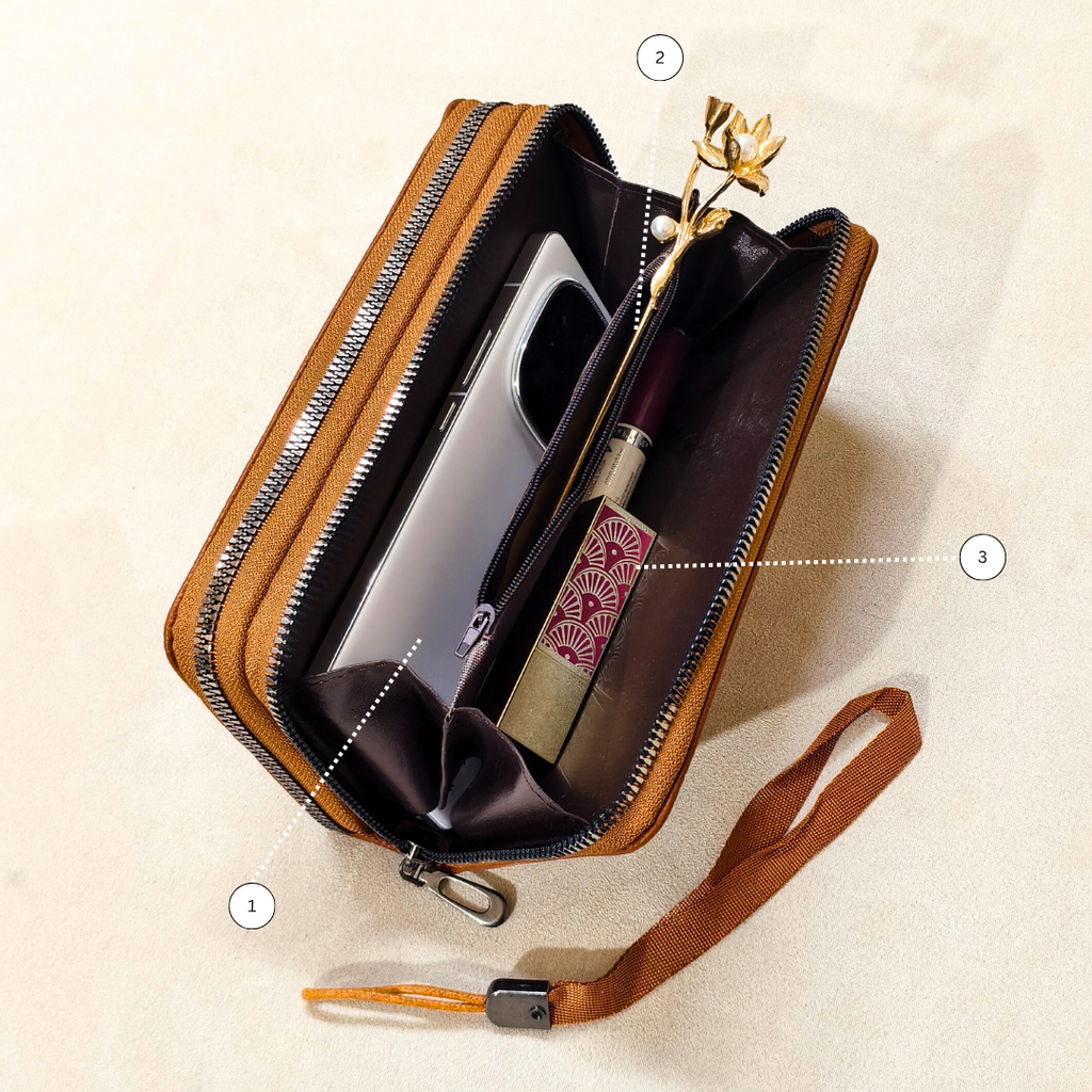 Luxury Brown Saffiano Vegan Leather Wallet for Women, 12 Card Slots, Dual-Zip Design with Detachable Wrist Strap