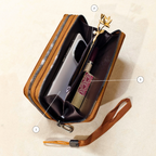 Luxury Brown Saffiano Vegan Leather Wallet for Women, 12 Card Slots, Dual-Zip Design with Detachable Wrist Strap