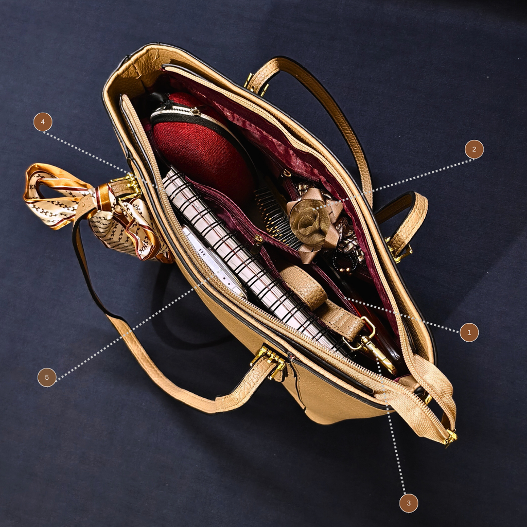 Gold handbag with a bow detail on a dark background