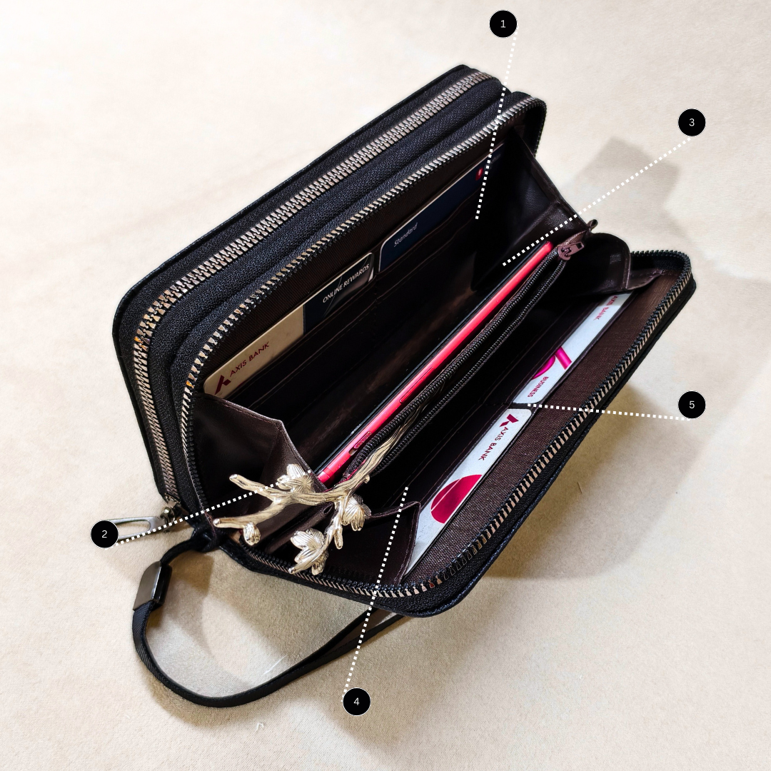 Black handbag with compartments and a strap on a beige background