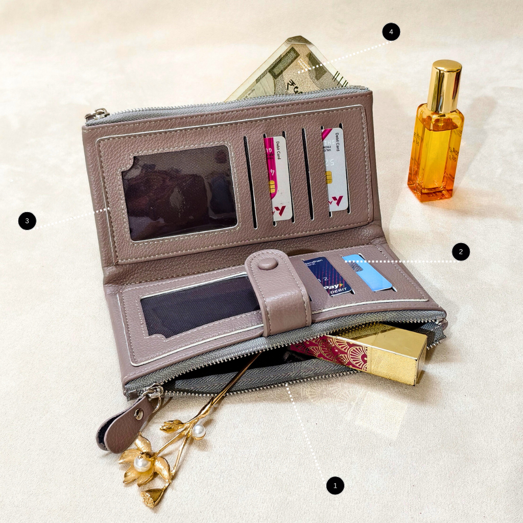 Open wallet with compartments and items on a light background