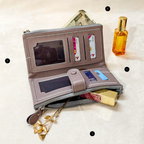 Open wallet with compartments and items on a light background