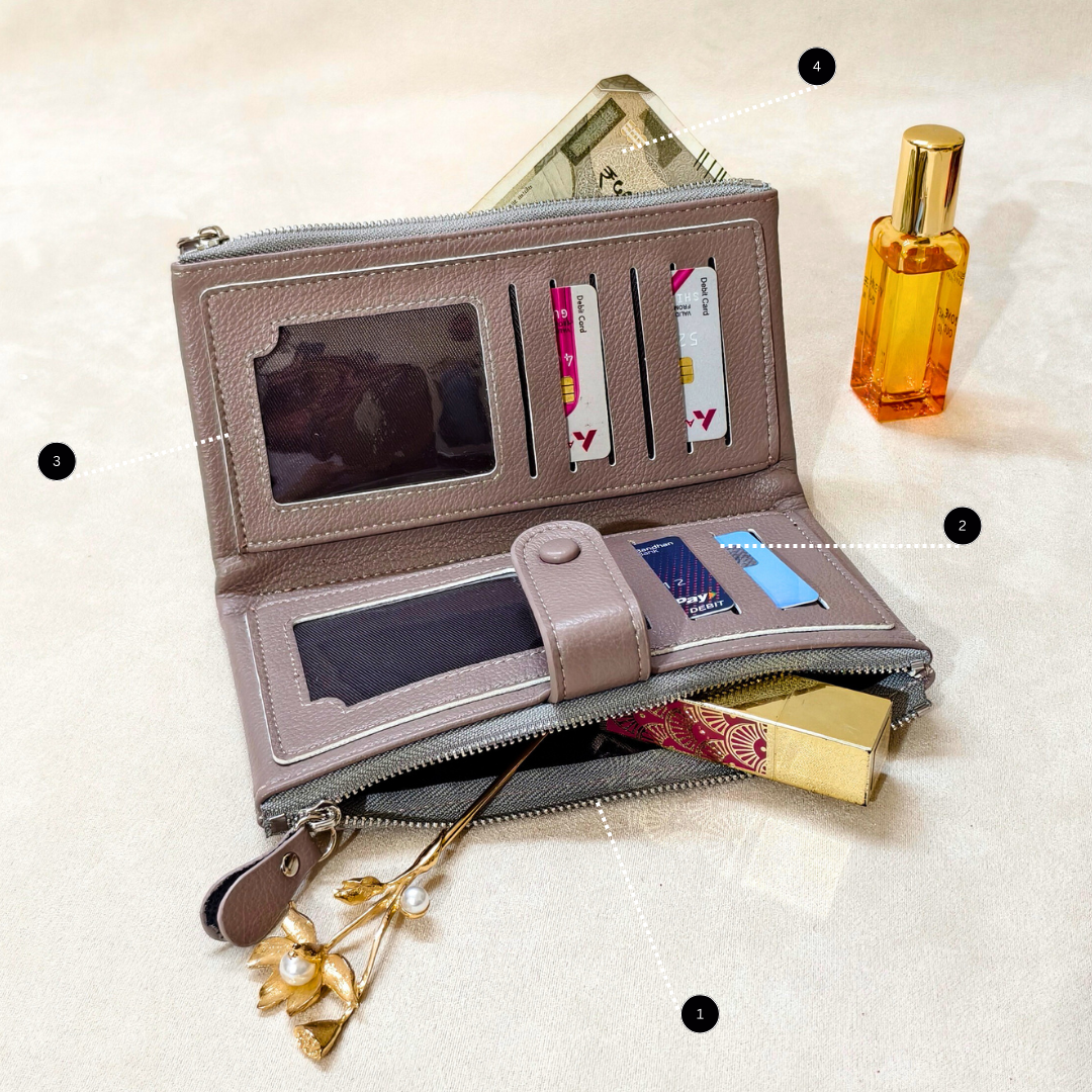 Open wallet with compartments and items on a light background