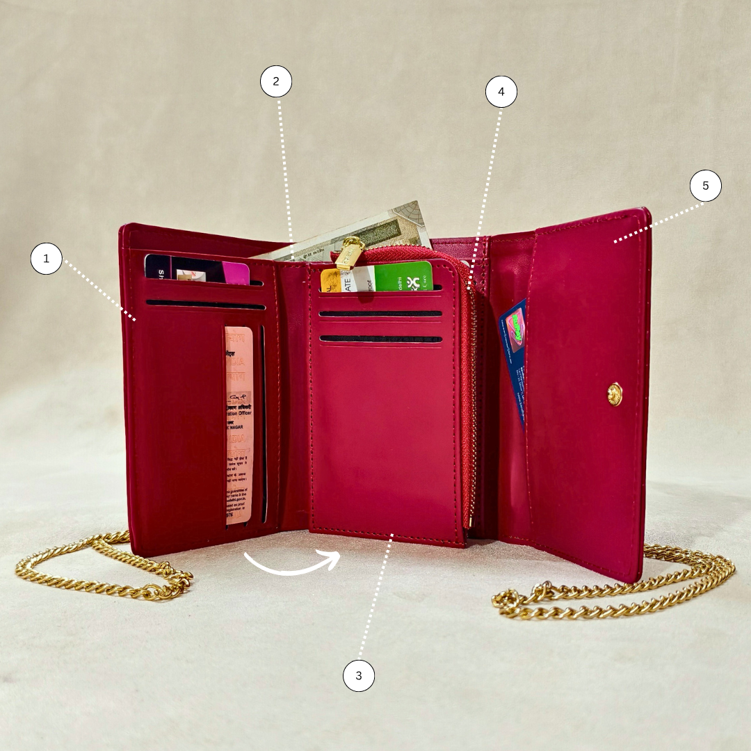 Croc-Embossed Red Vegan Leather Wallet with Sling Chain Crossbody Style with 14 Card Slots For Women