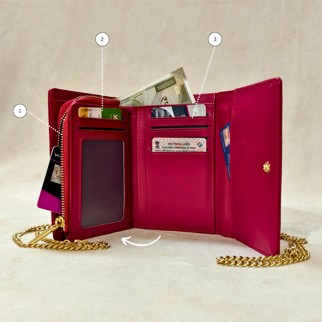 Croc-Embossed Red Vegan Leather Wallet with Sling Chain Crossbody Style with 14 Card Slots For Women