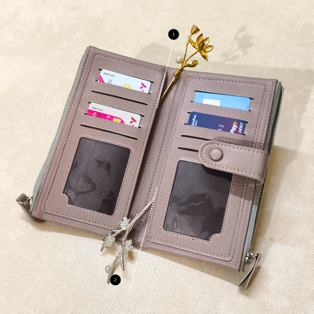 Open beige wallet with card slots on a light beige background