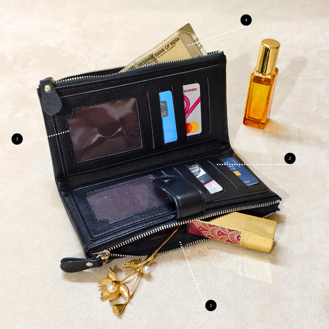 Black wallet with compartments for cards and a phone, next to a perfume bottle on a light background