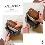 Brown leather bag with floral lining held by hands, featuring the brand 'Bolsavira'.