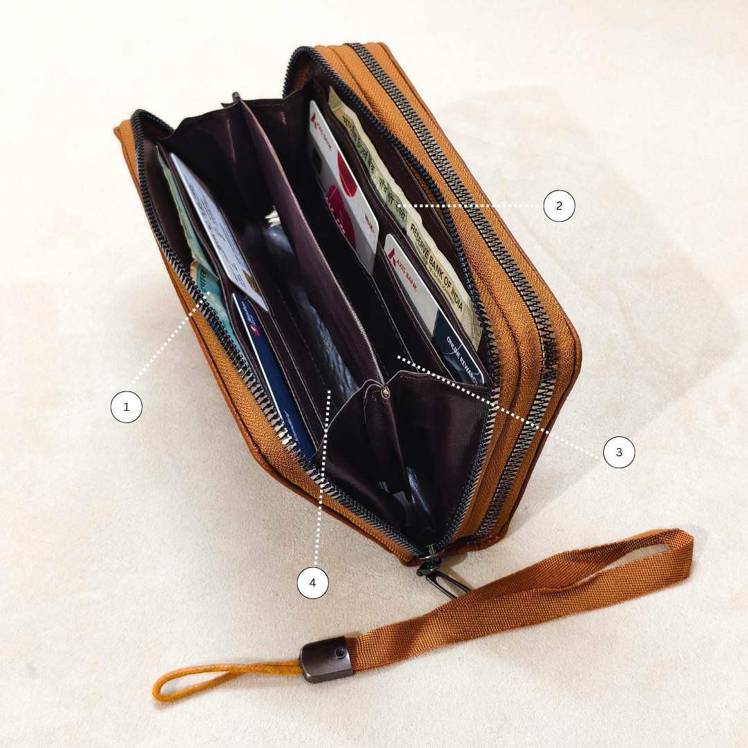 Luxury Brown Saffiano Vegan Leather Wallet for Women, 12 Card Slots, Dual-Zip Design with Detachable Wrist Strap