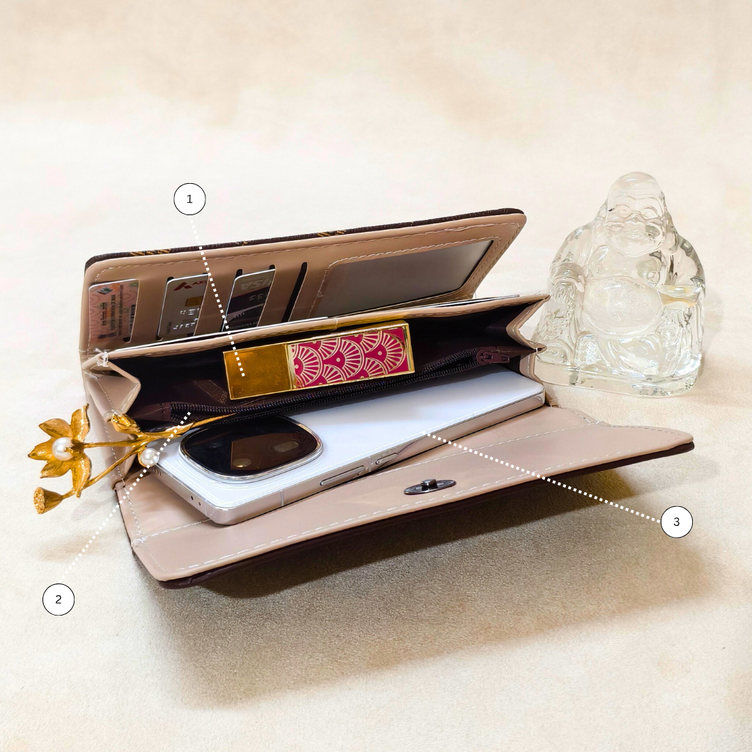 Open phone case with compartments on a light surface