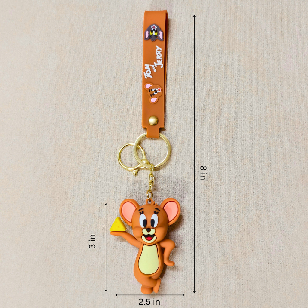 Cartoon character keychain with measurements on a beige background
