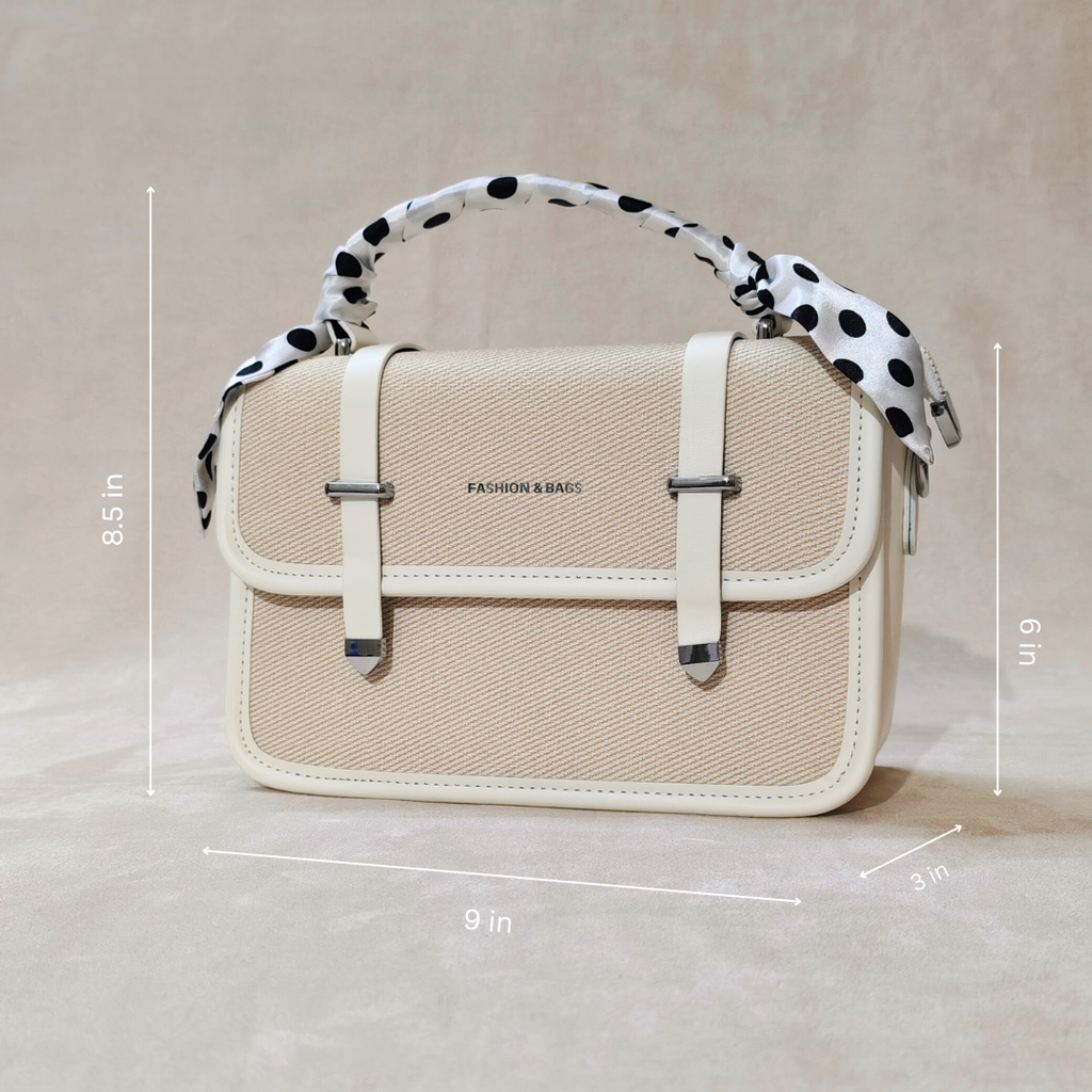 Off-White Woven Canvas Crossbody Sling Bag With Adjustable Strap And White Vegan Leather Trim For Women