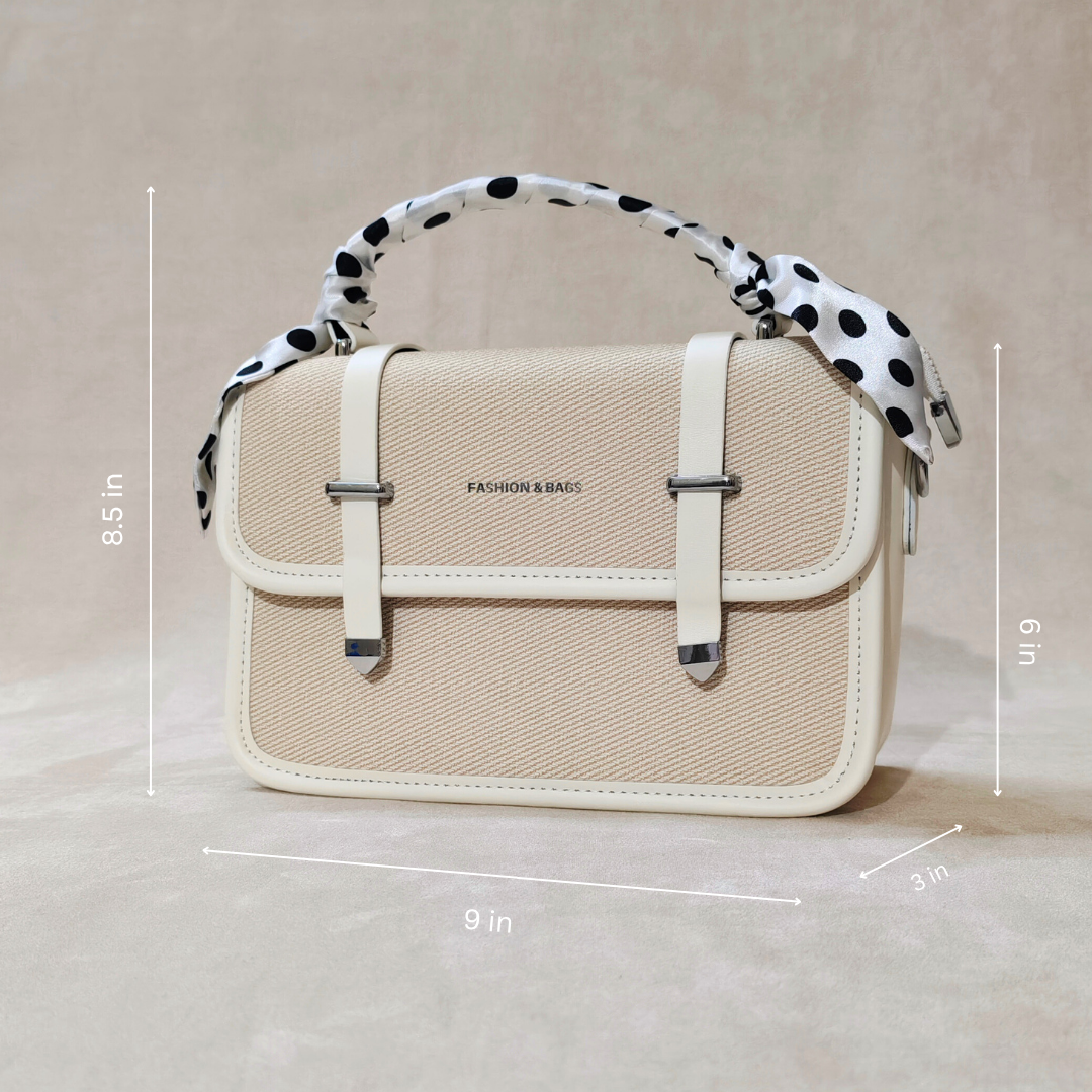 Off-White Woven Canvas Crossbody Sling Bag With Adjustable Strap And White Vegan Leather Trim For Women