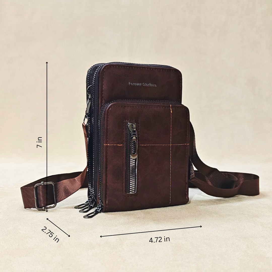 Brown leather crossbody bag with measurements on a beige background