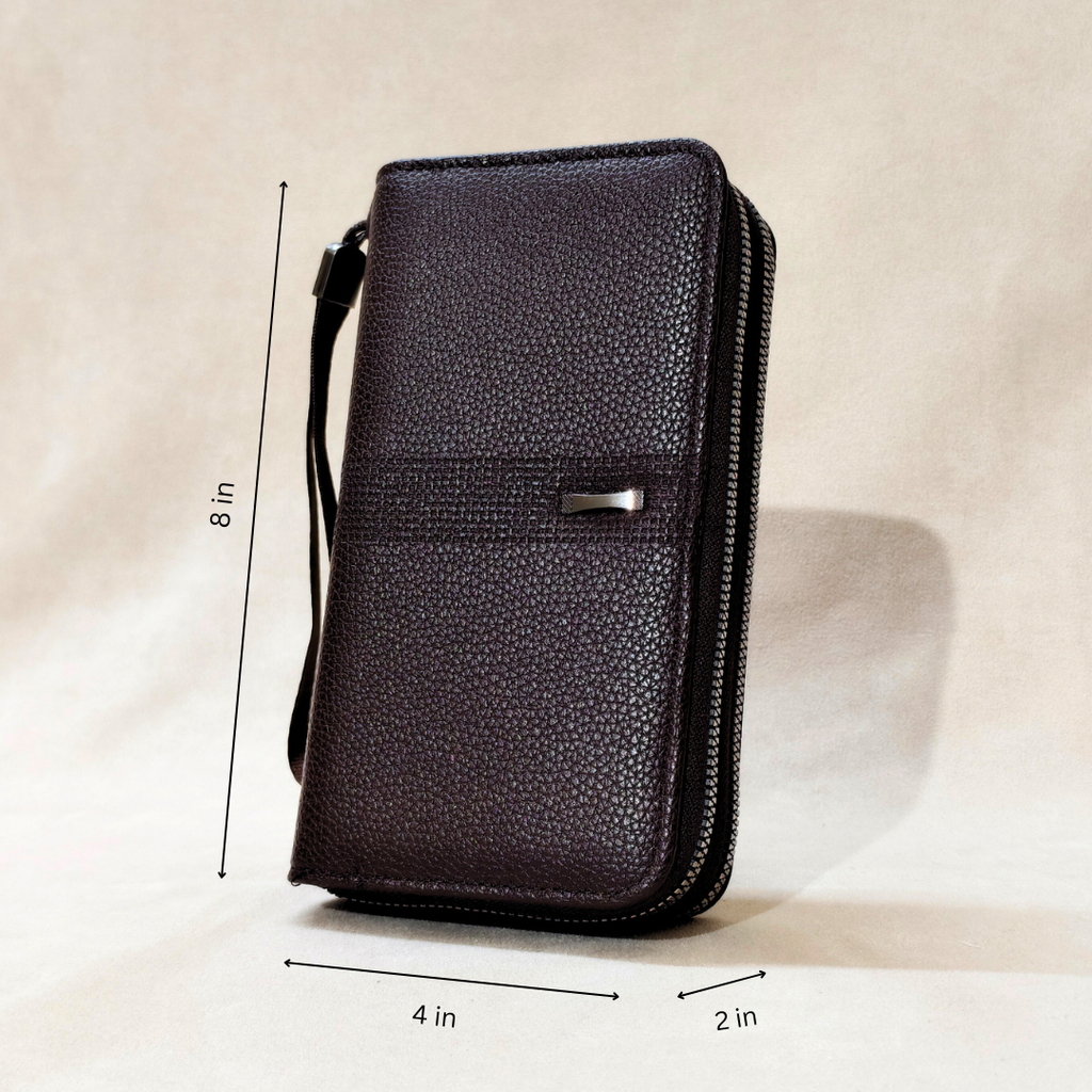 Black leather wallet with measurements on a beige background