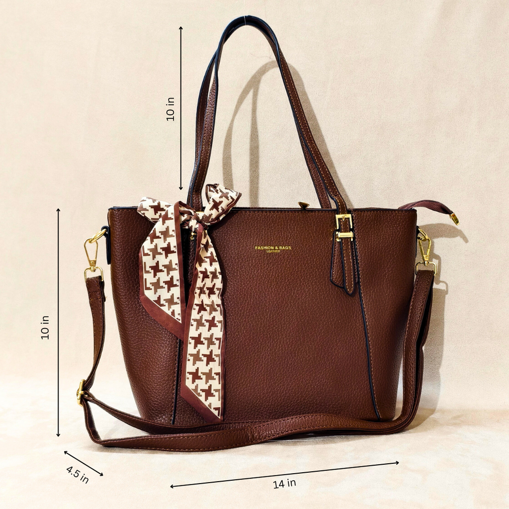 Brown handbag with a strap and measurements on a beige background