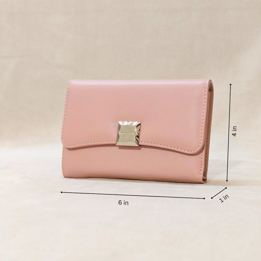 Pink wallet with gold clasp on a beige background, shown with measurements.