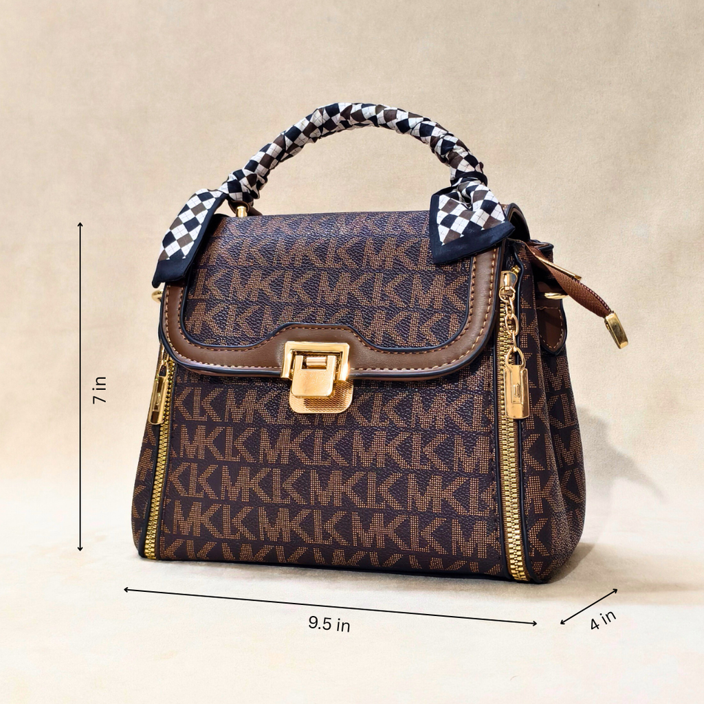 Designer handbag with visible brand logo and measurements on a beige background