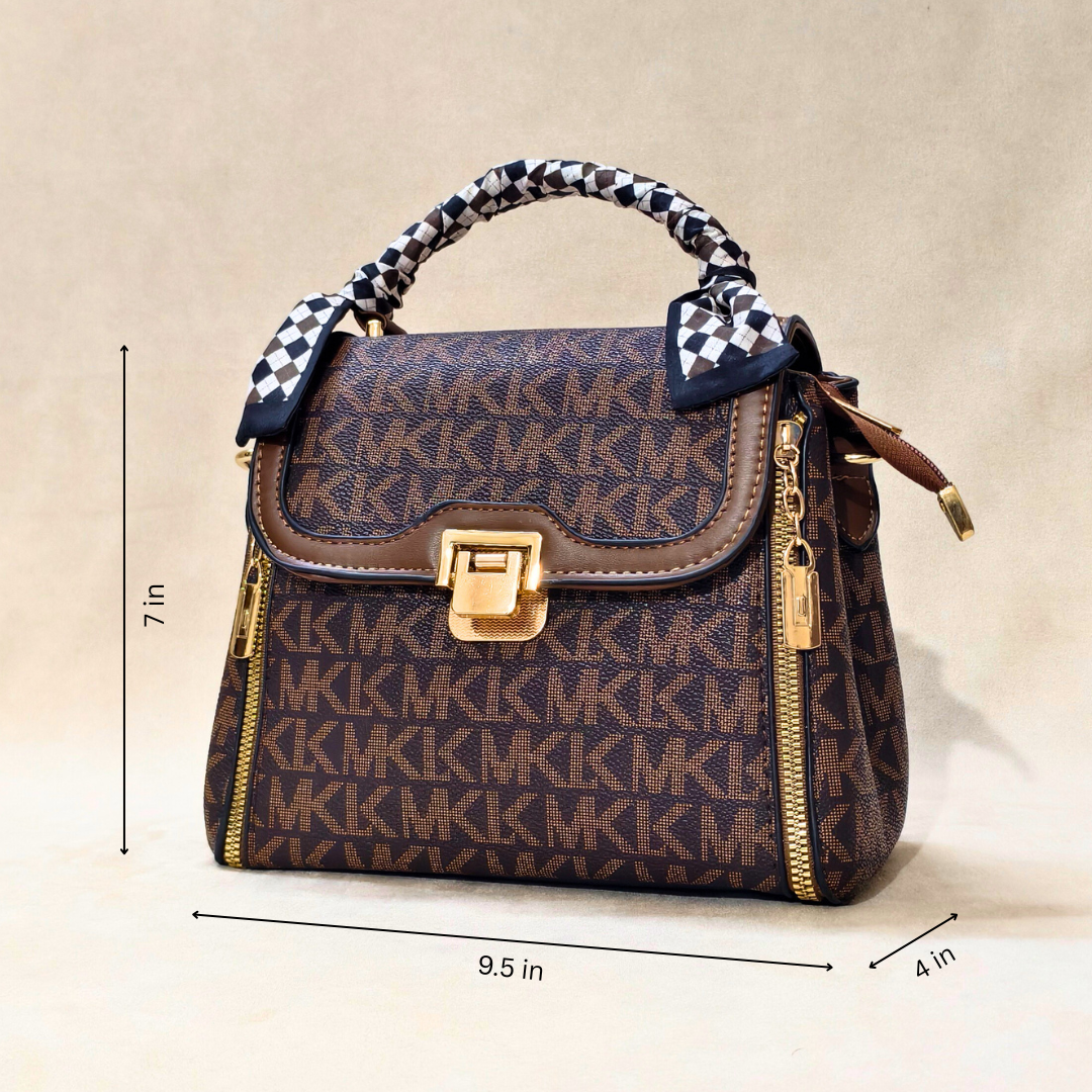 Designer handbag with visible brand logo and measurements on a beige background