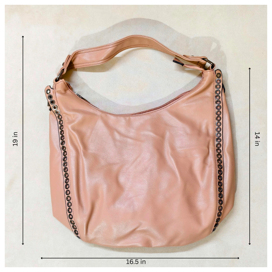Pink handbag with studded details on a white background with measurements.