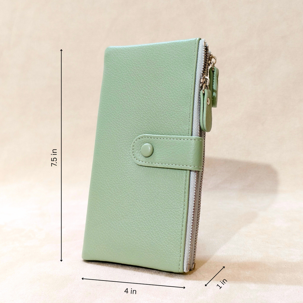 Mint green wallet with measurements on a beige background