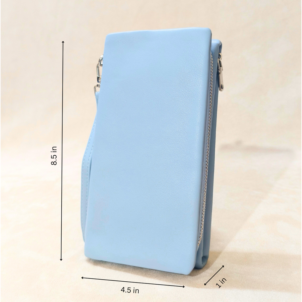 Light blue pouch with measurements on a beige background